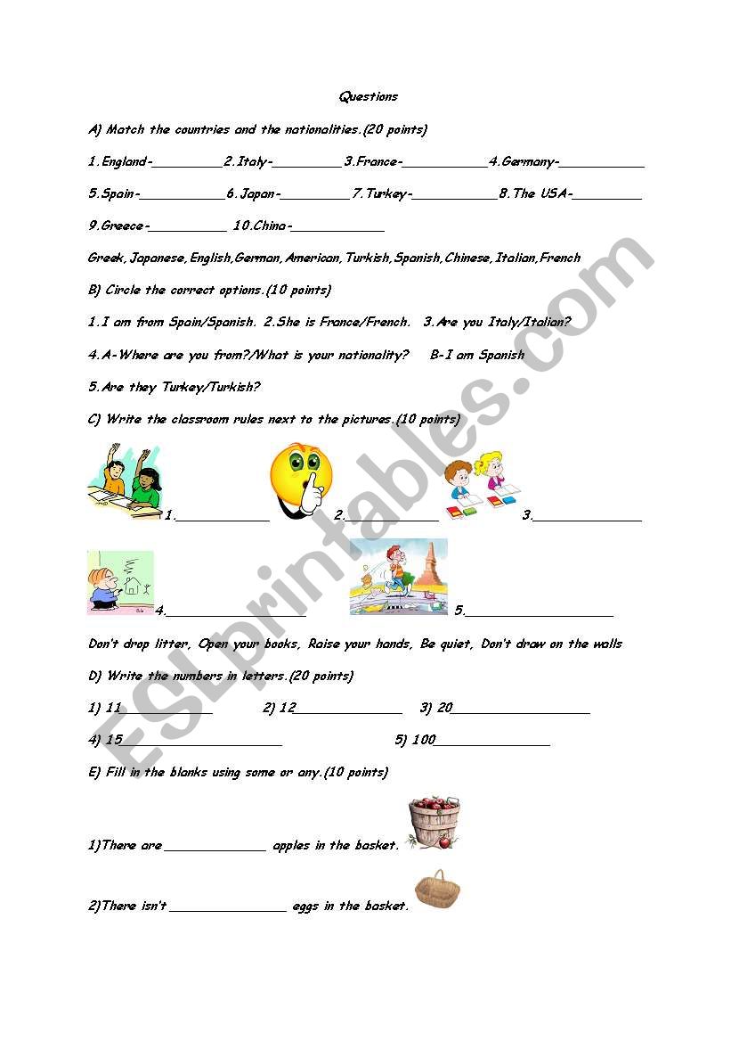 5th grade quiz paper worksheet