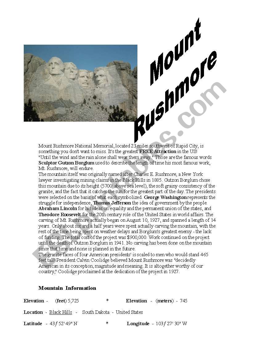 Mount Rushmore worksheet