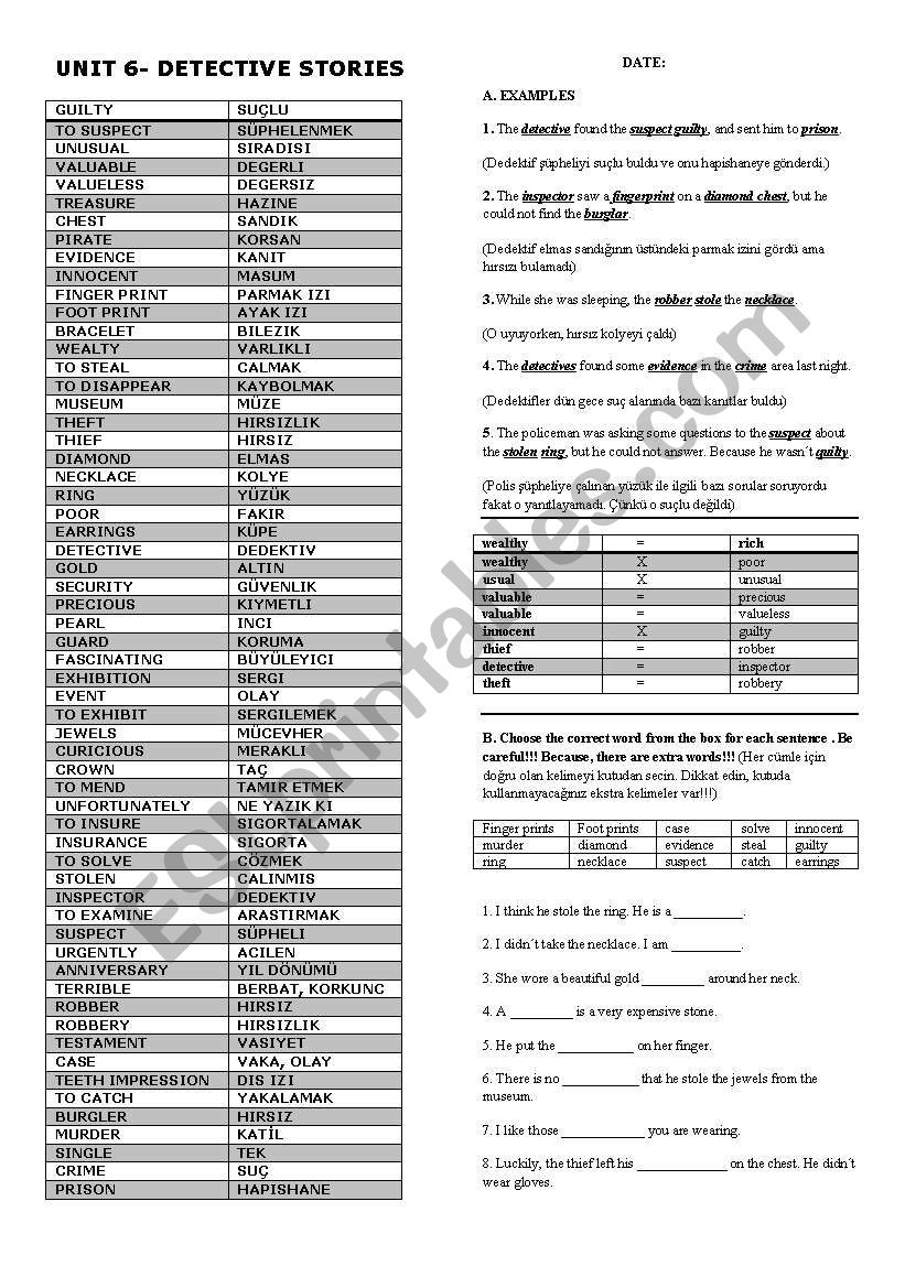 Detective Stories-Vocabulary worksheet