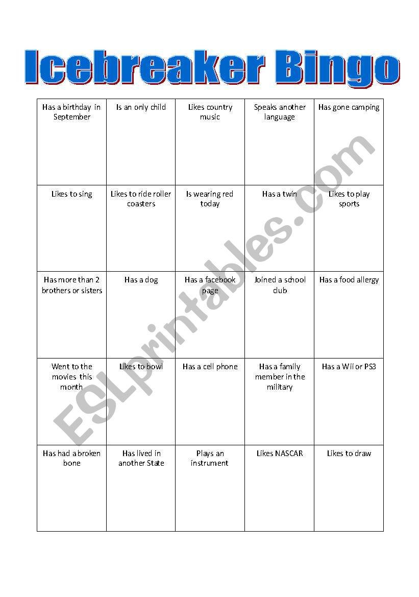 Icebreaker Bingo worksheet