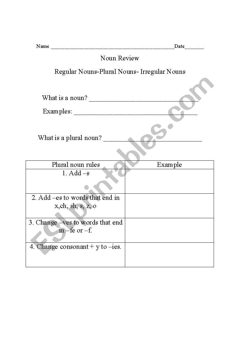 English Worksheets Noun Review