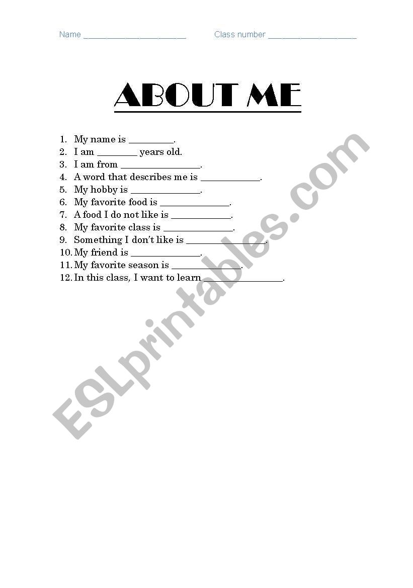 About Me worksheet