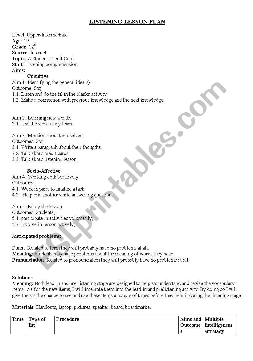 listening lesson plan worksheet