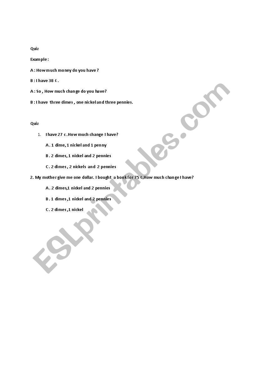 Money change worksheet