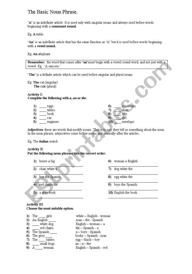 the basic noun phrase worksheet