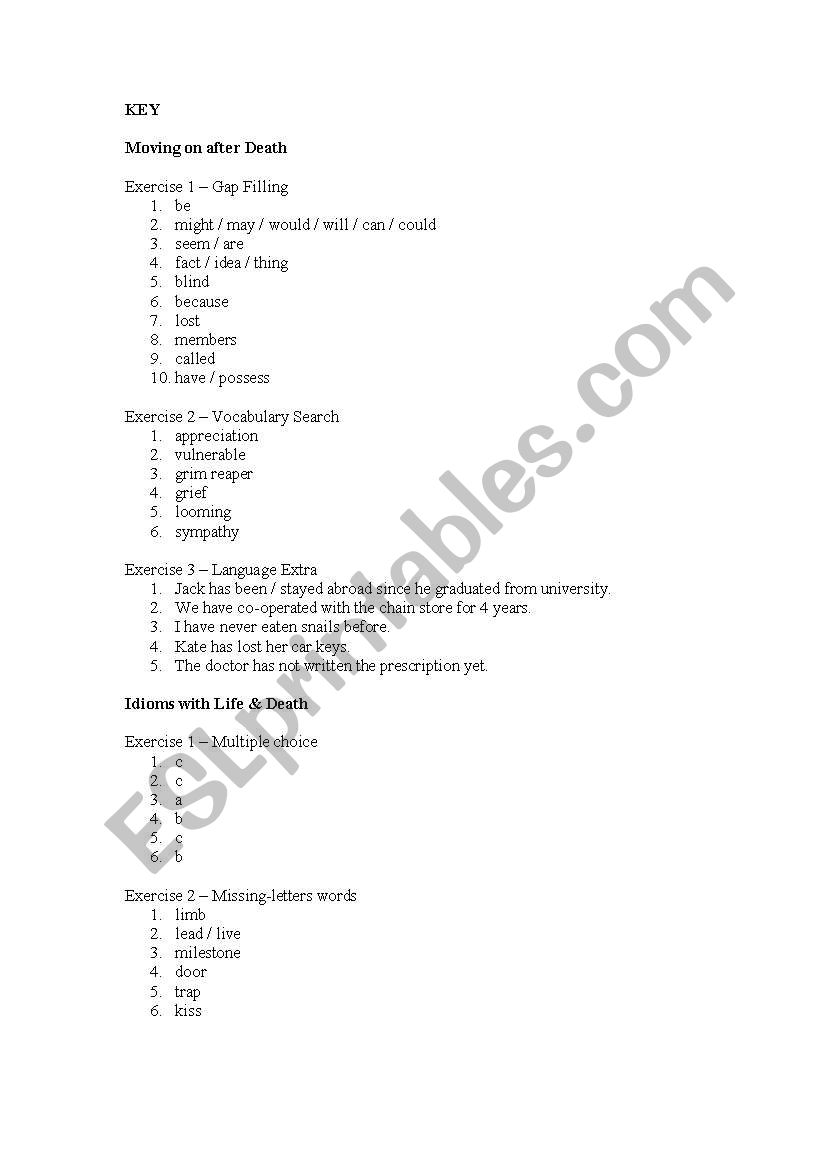 KEY + LESSON REPORT TO Moving on - Is There Life After Death? - C1 / C2 (advanced) model lesson 