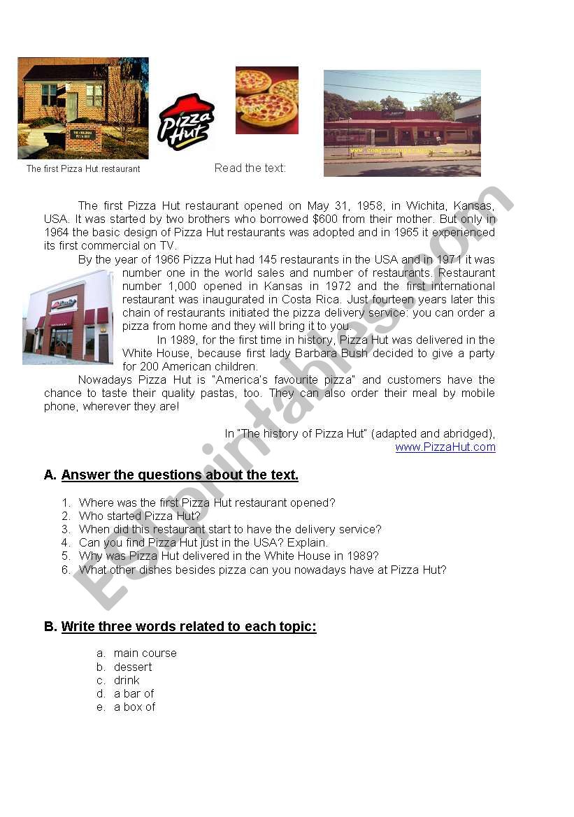 Worksheet on Pizza Hut history