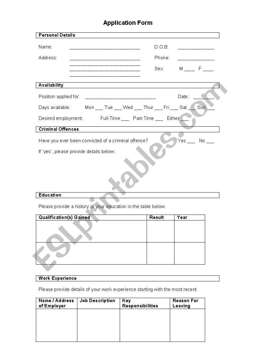 Mock Application Form worksheet