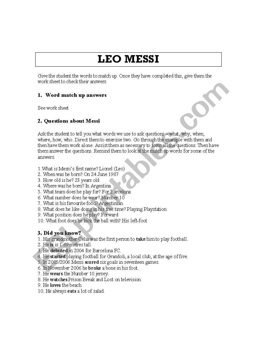 Leo Messi - student worksheet worksheet