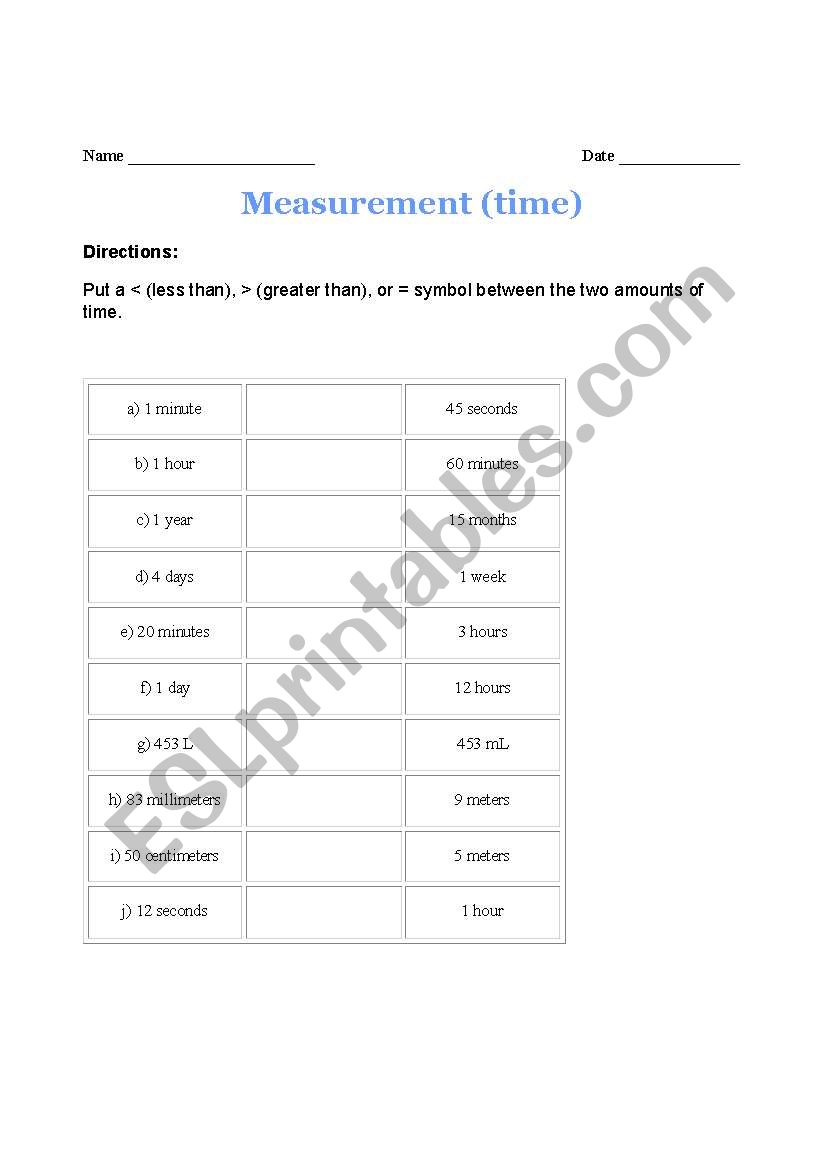 Measurement worksheet worksheet