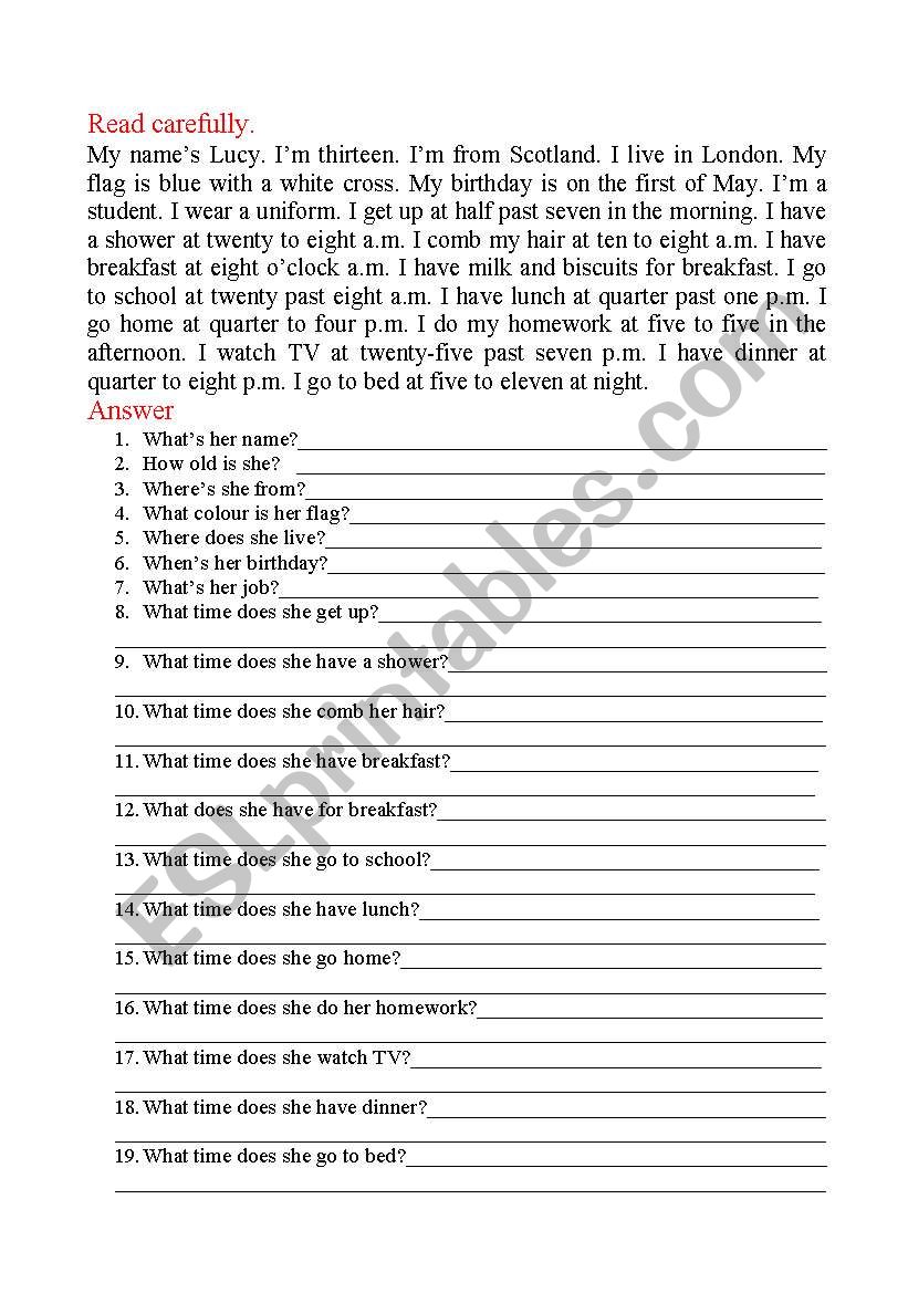 Reading comprehension worksheet