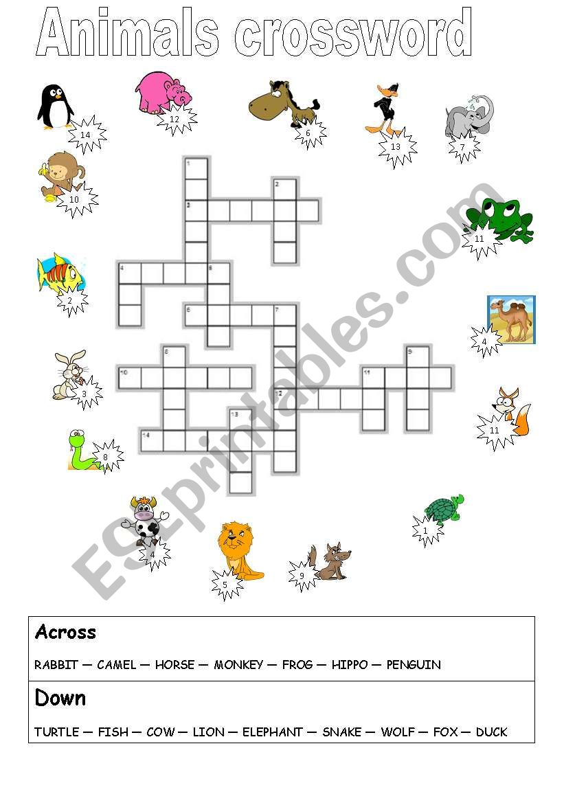 basic animals crosword worksheet