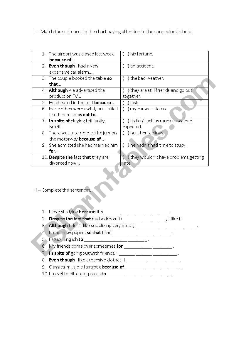 Connectors - easy matching and completing the sentences exercise