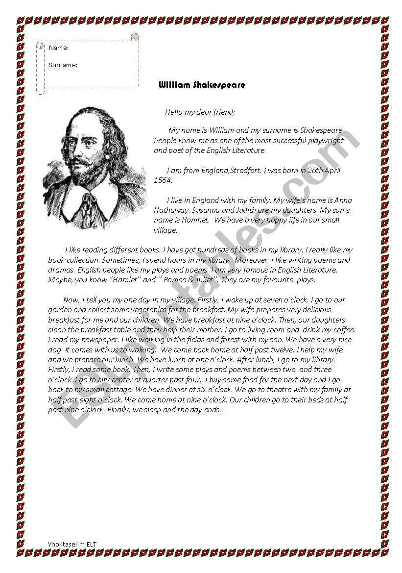 Shakespeares One day worksheet