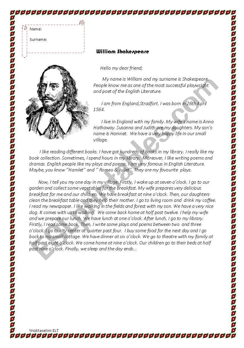 ShakespeareÂ´s One day worksheet