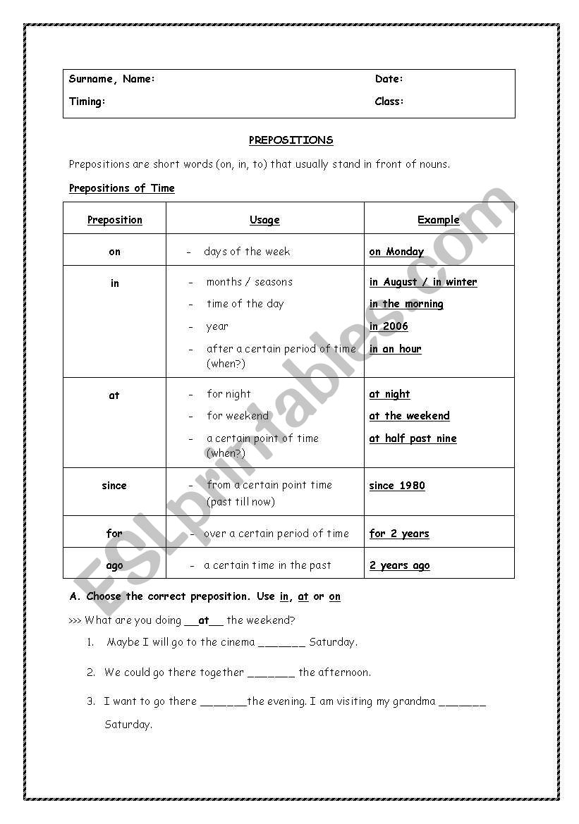 Prepositions of time and place