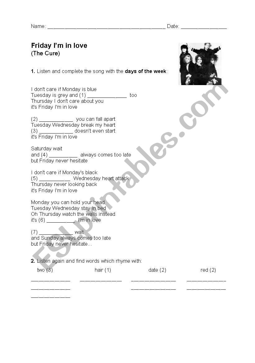 Friday im in love / song worksheet