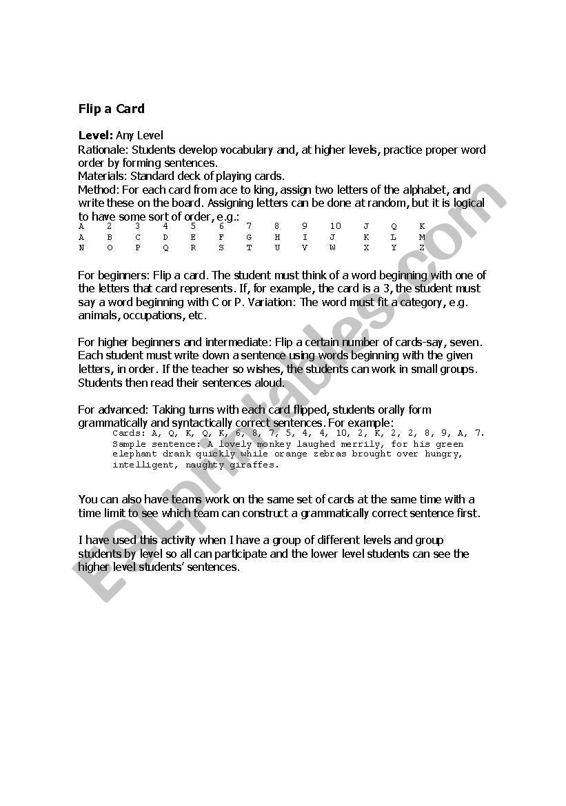 Flip card activity/game worksheet