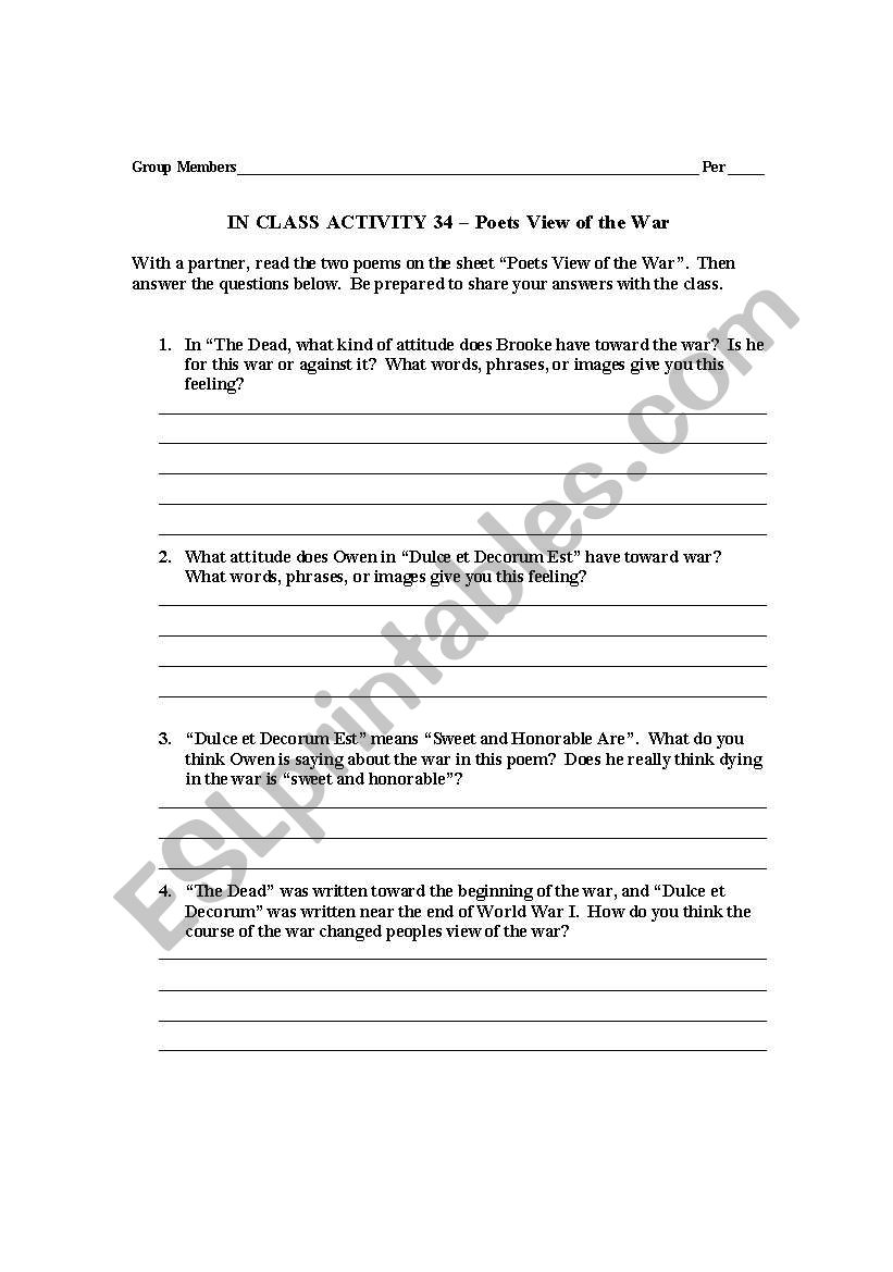 World War I Poetics worksheet