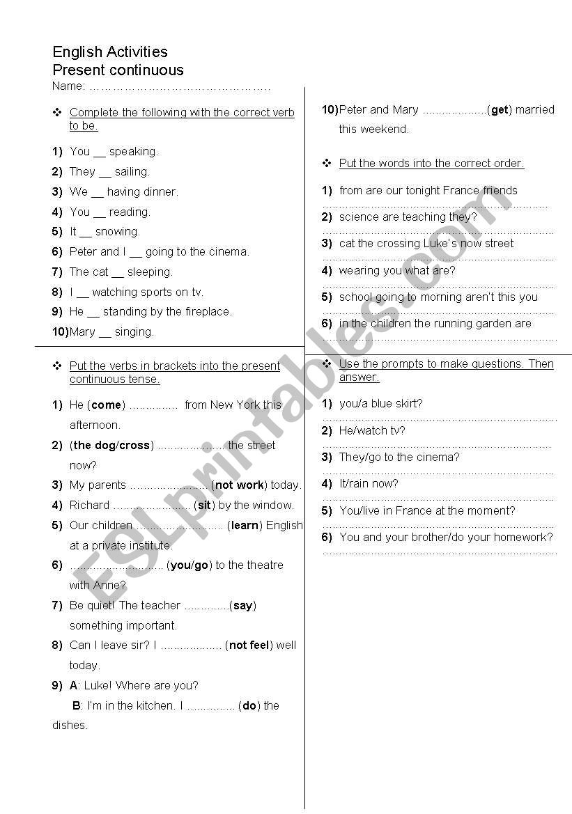 present continuous worksheet worksheet