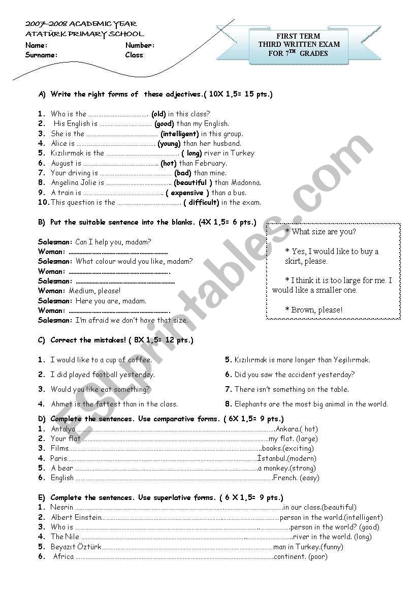 7th grade exam worksheet