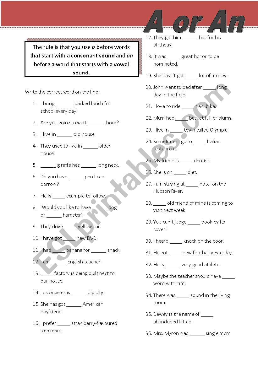 A or An (36 sentences) worksheet