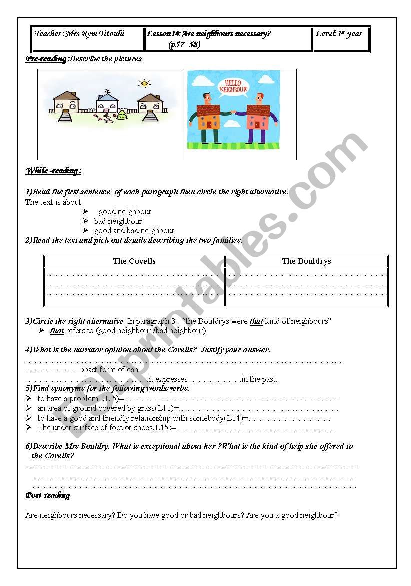 lesson 14:ARE NEIGHBOURS NECESSARY? first year tTunisian pupils lesson 14:ARE NEIGHBOURS NECESSARY? first year tTunisian pupils