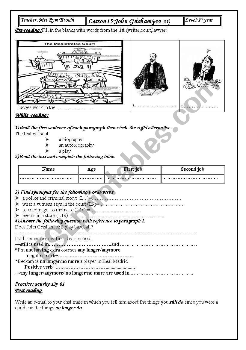 lesson15:John Grisham firrst year Tunisian pupils