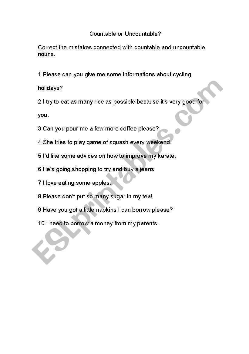 Countable or Uncountable  worksheet