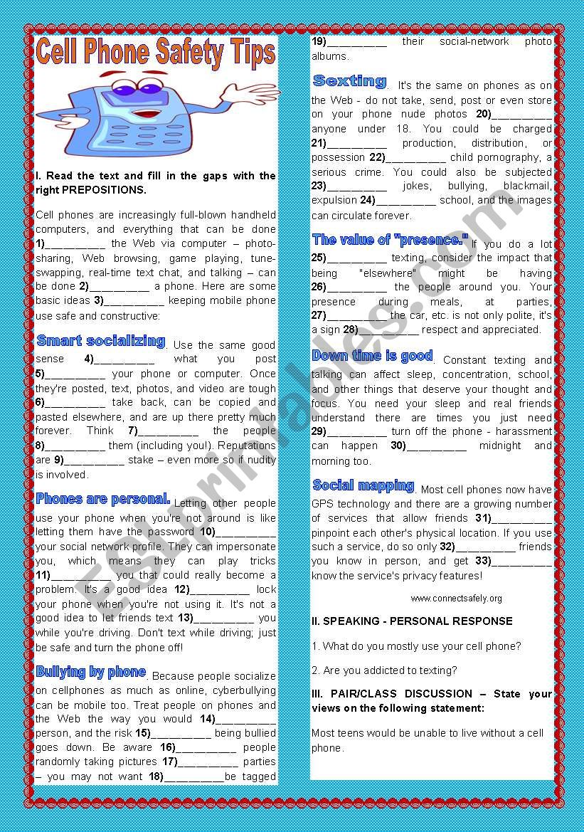 CELL PHONE SAFETY TIPS worksheet