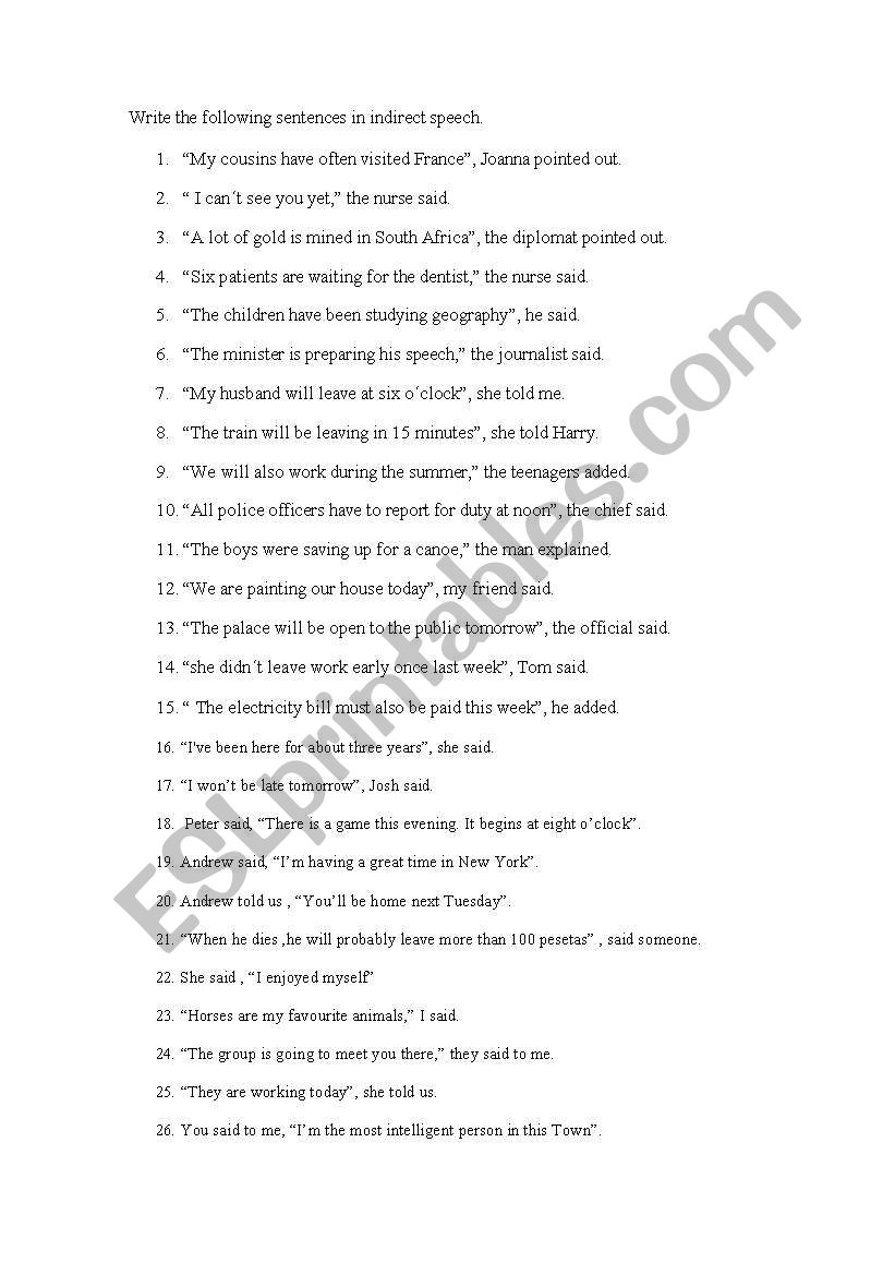 Indirect speech worksheet