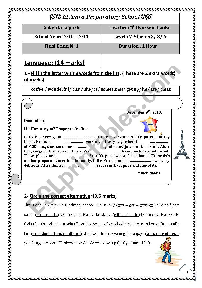 English Test (1) 7th level (End of term (1) Reading, language, writing)   