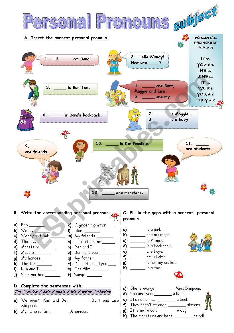 Personal Pronouns - subject worksheet