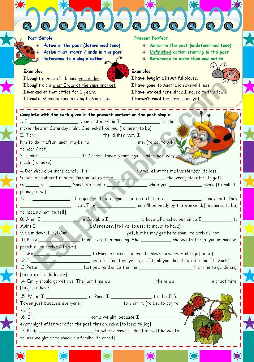 Present Perfect vs. Past Simple  grammar rules, examples & exercises ((2 pages)) KEYS INCLUDED ***editable