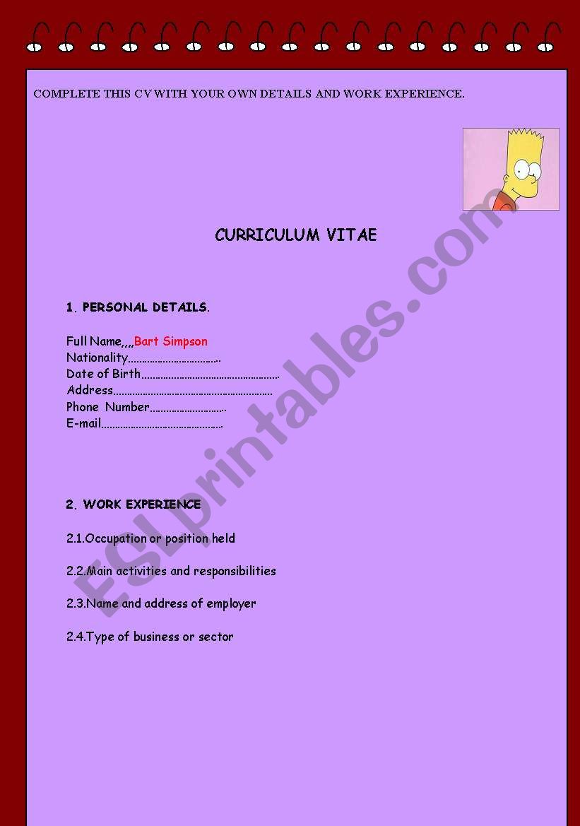 curriculum vitae worksheet