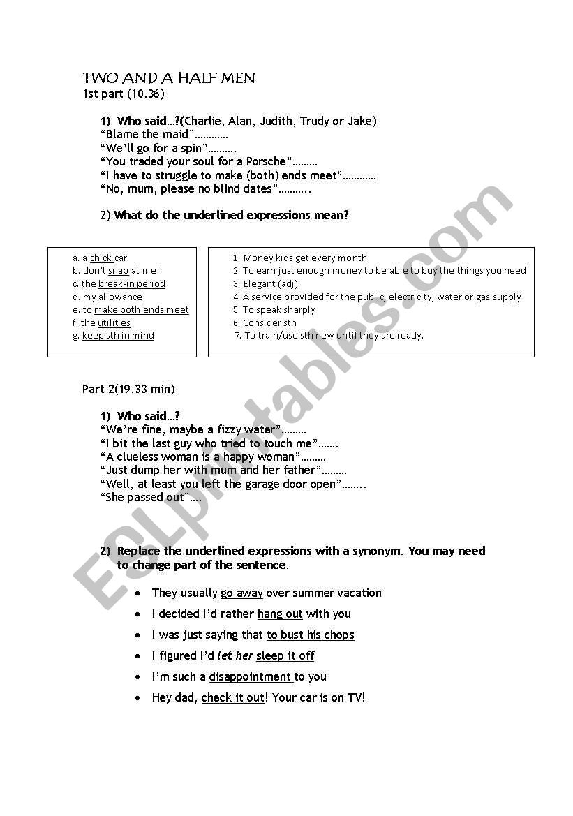 two and a half men worksheet worksheet