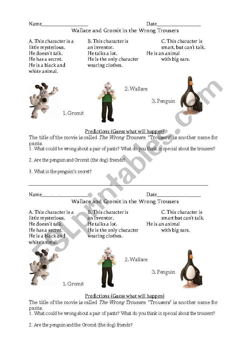 Wallace and Gromit in the Wrong Trousers Movie Worksheet