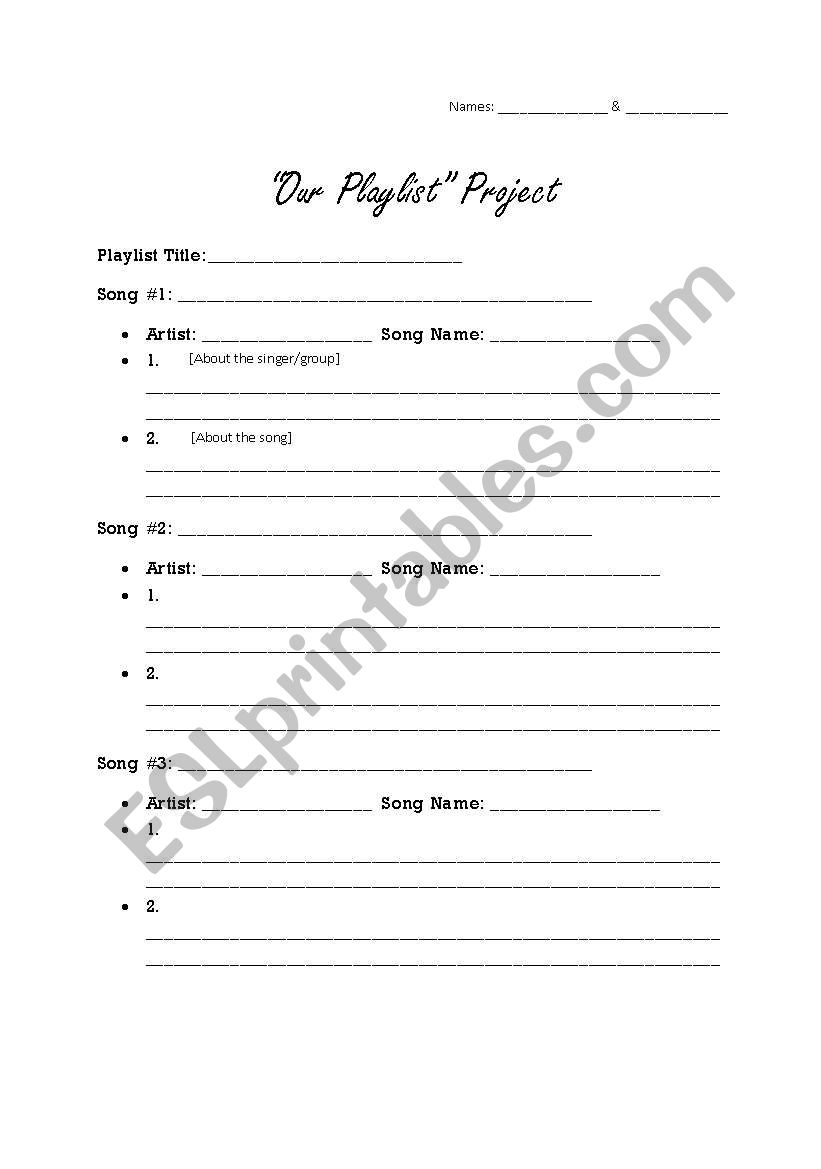 Making a Playlist Project worksheet
