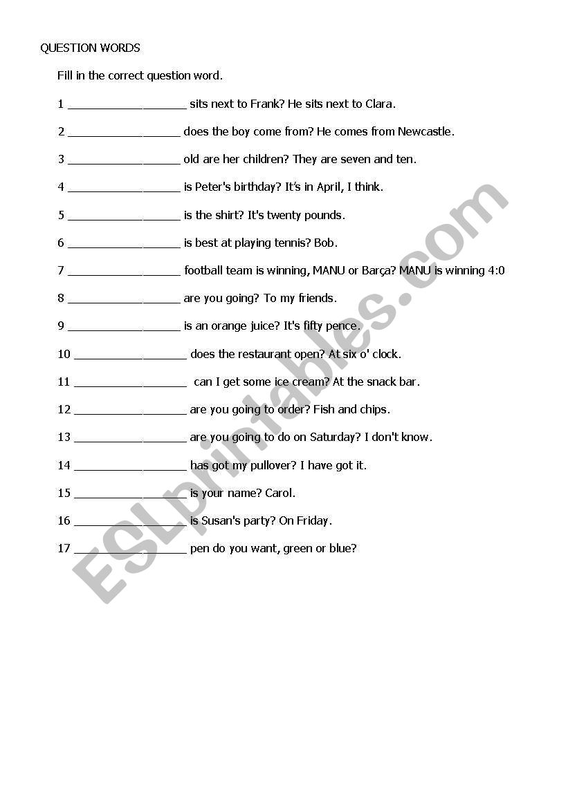 Question words worksheet