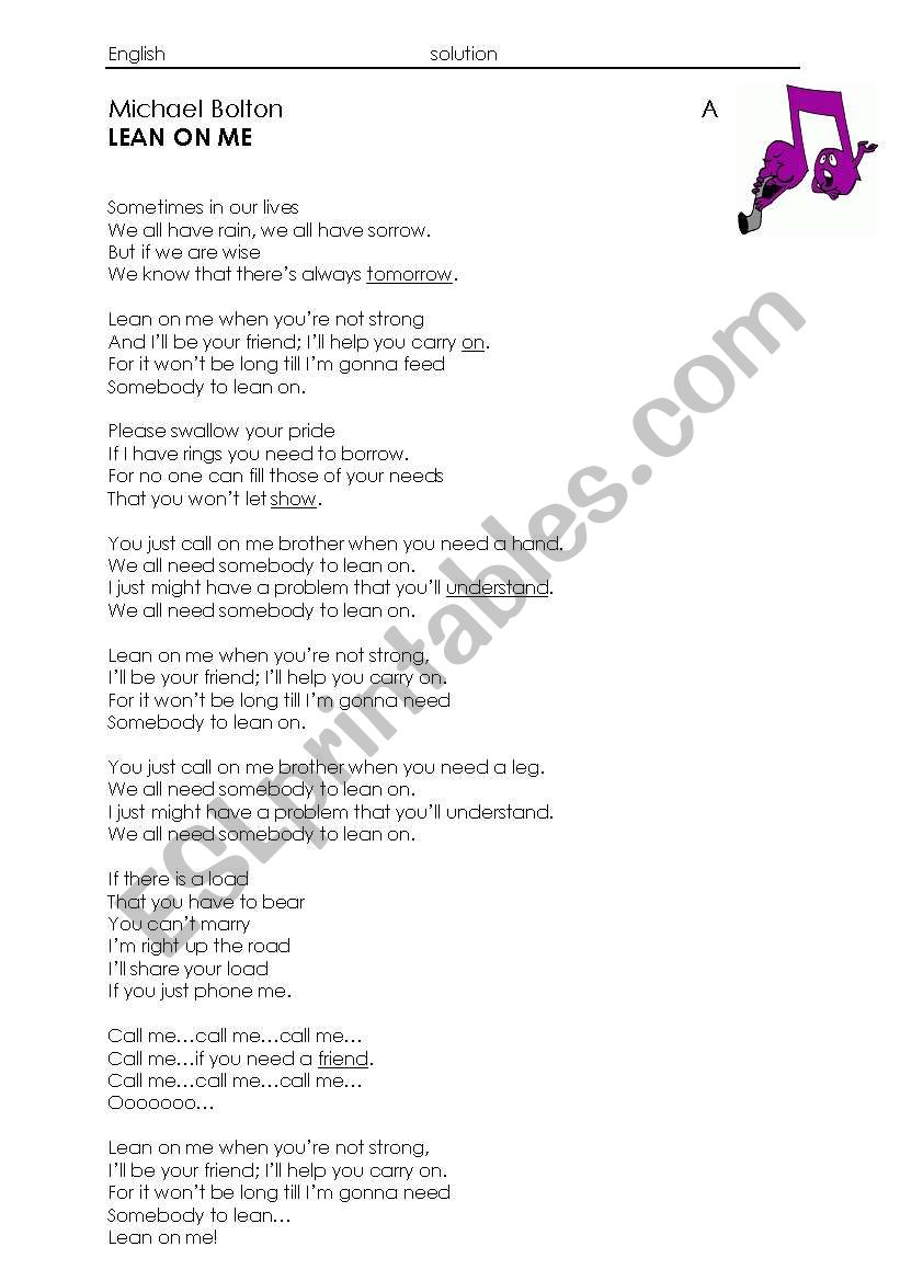 Activity With Song Lyrics Of Lean On Me Topic Friends Esl Worksheet By Utahnotstate