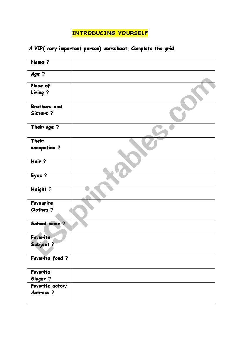 Introducyin oneself worksheet