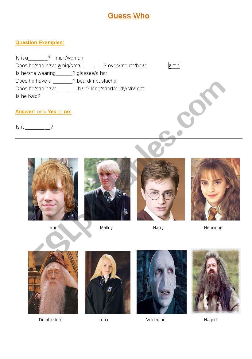 Harry Potter Guess Who worksheet