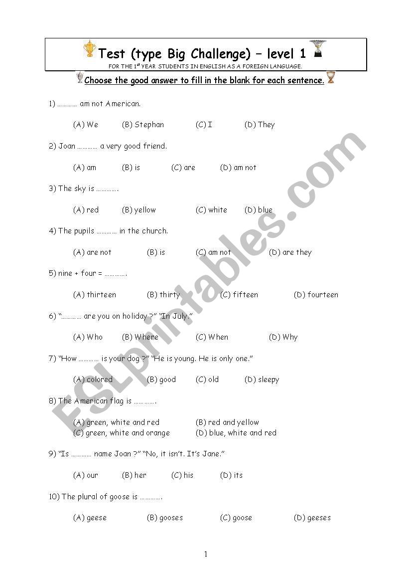 test of general knowledge type Big Challenge level 1