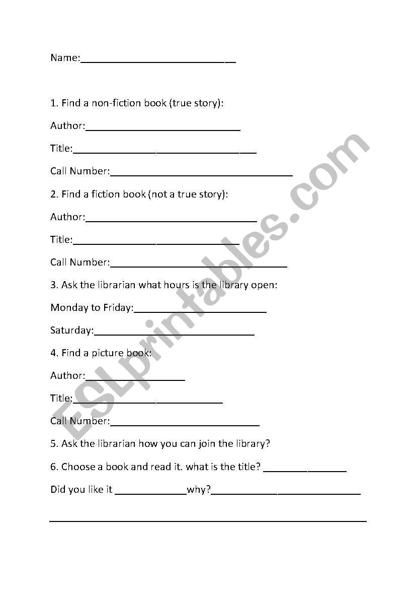 library activity worksheet