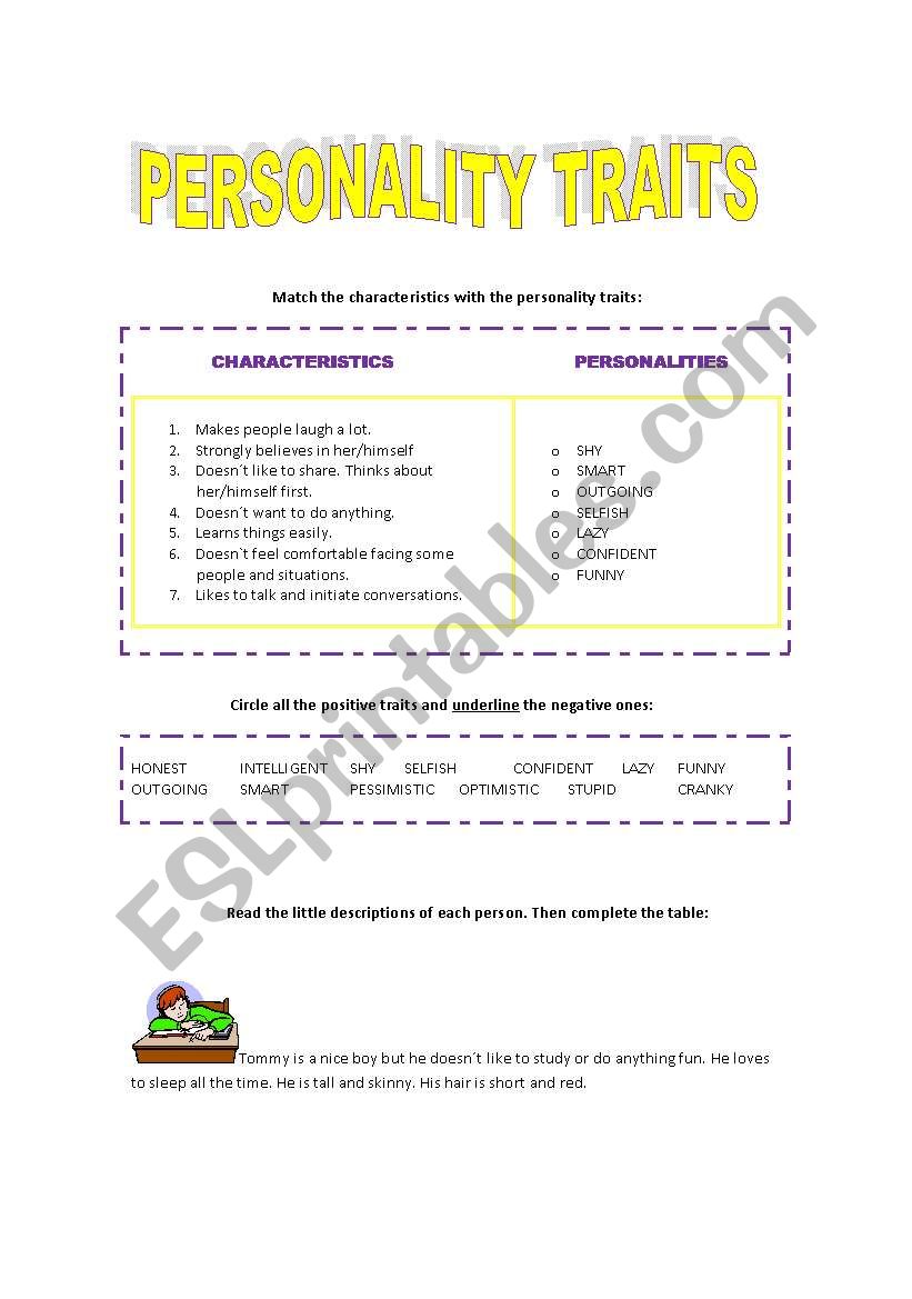 PERSONALITY TRAITS- 2 PAGES worksheet