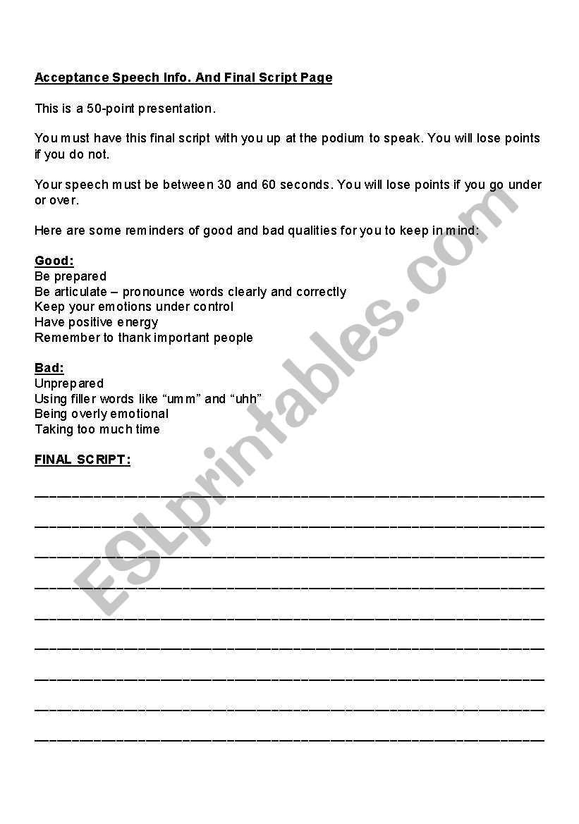 Acceptance Speech worksheet