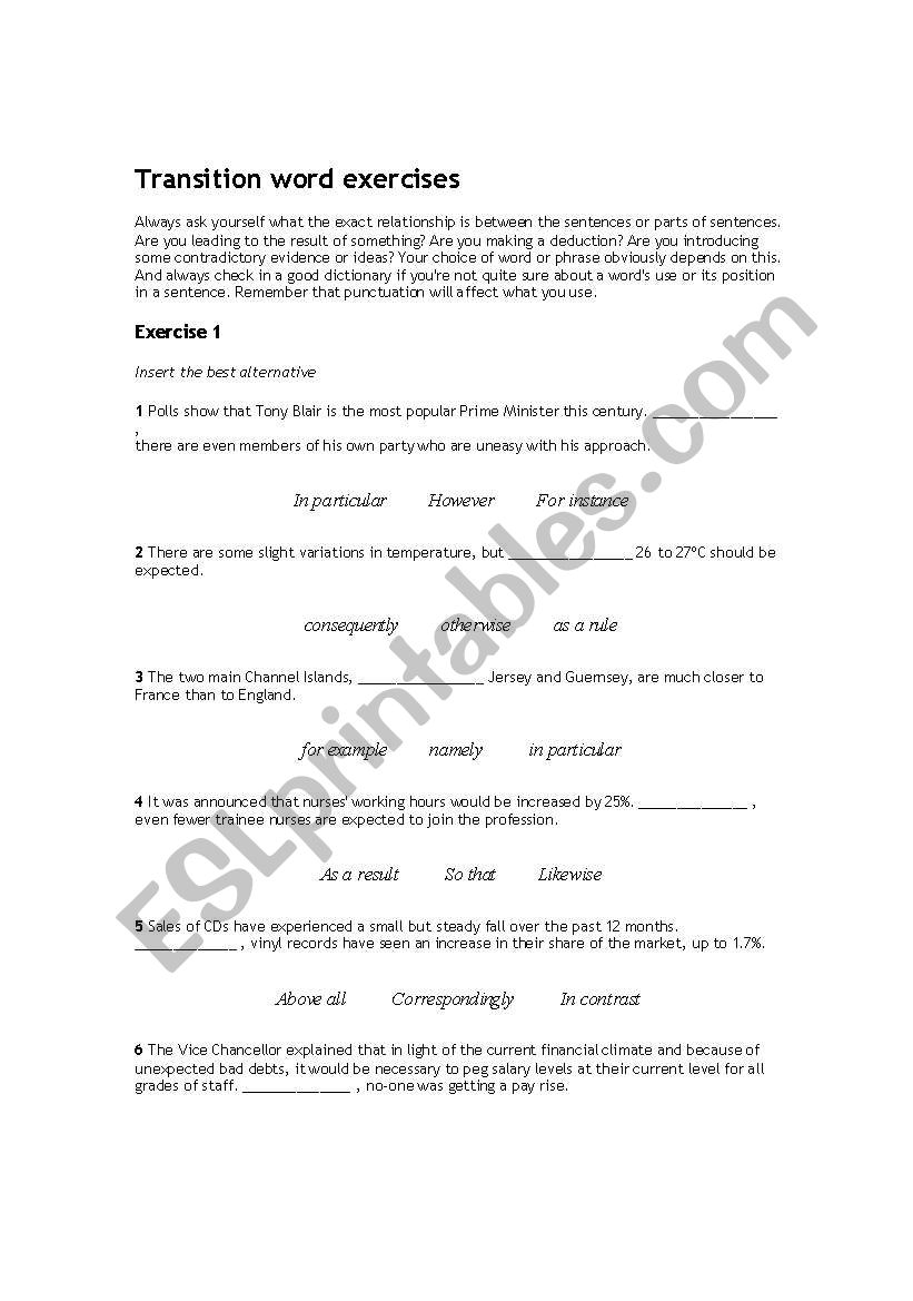 Transition Words worksheet