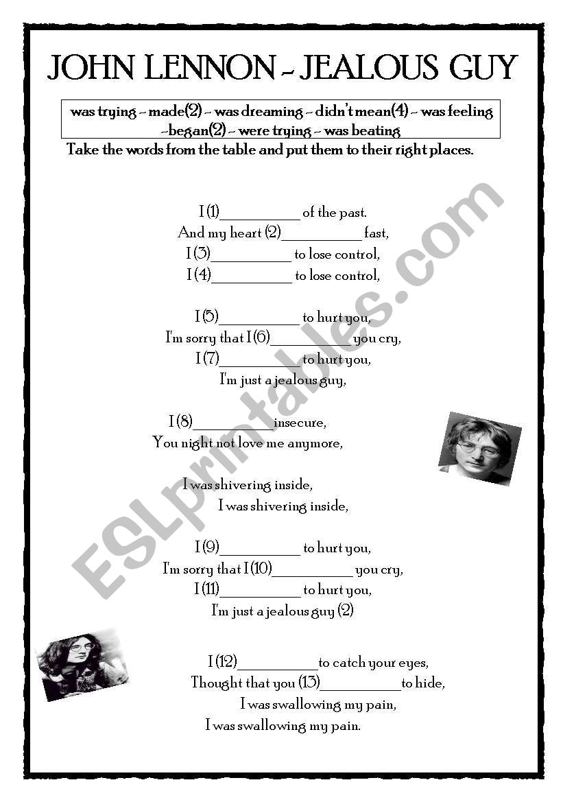 John Lennon-Jelous Guy, Fill in the Gaps Activity for Verb Tenses