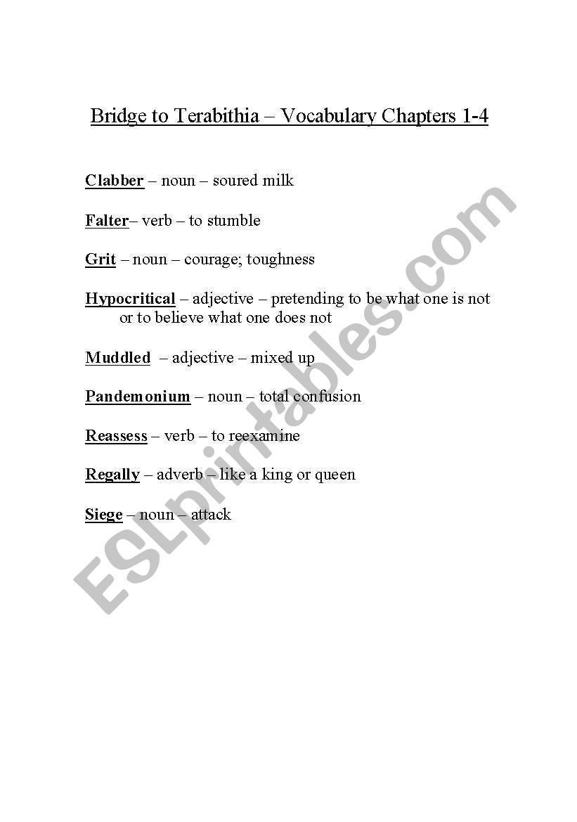 Bridge to Terabithia Vocabulary chapters 1-4