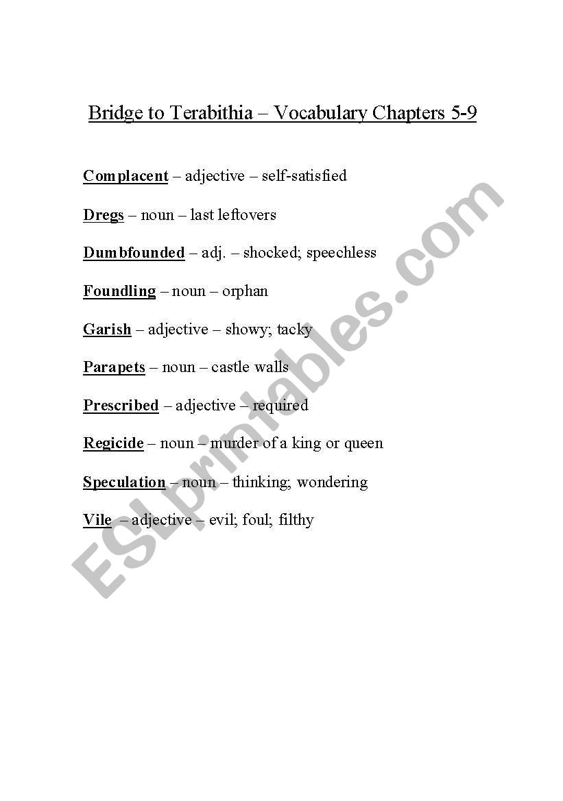 Bridge to Terabithia Vocabulary Chapters 5-9